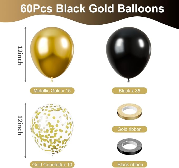 KBZVNAF Black and Gold Latex Balloons 60 Pack 12 inch | Black Metallic Gold - Image 2