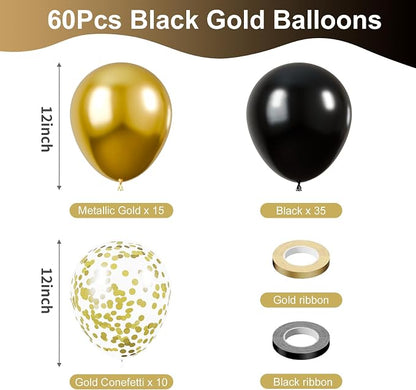 KBZVNAF Black and Gold Latex Balloons 60 Pack 12 inch | Black Metallic Gold - Image 2
