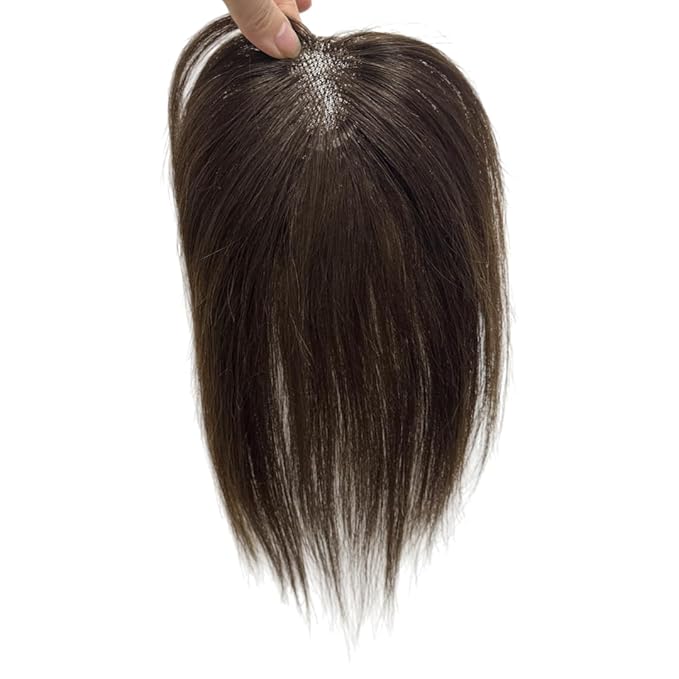 Anemone No Clips Human Hair Topper Piece Fringe Bangs for Women Wrap-Around Magic Paste with Invisible Lace for Natural Hair Loss Coverage (Dark Brown Lace Mid Bangs)