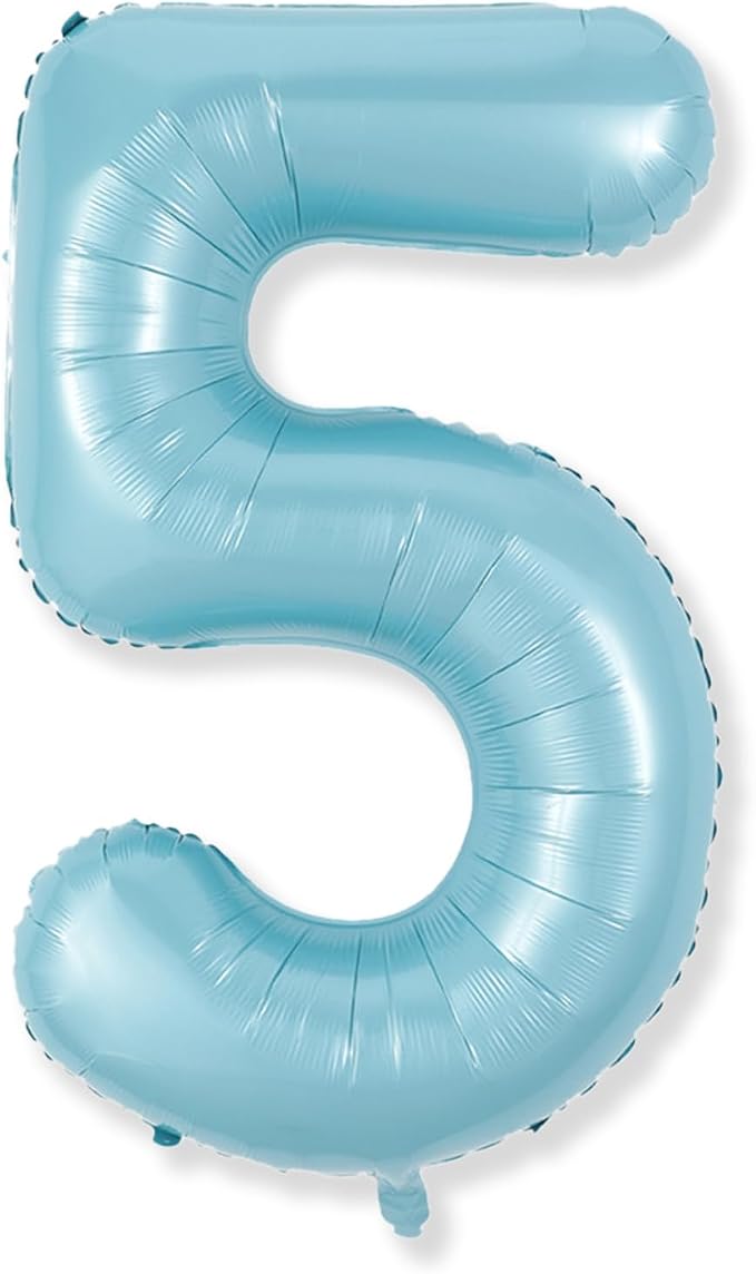 40 Inch Pastel Blue Number Balloons, Giant Self Inflating Foil 5th Birthday by Isndare