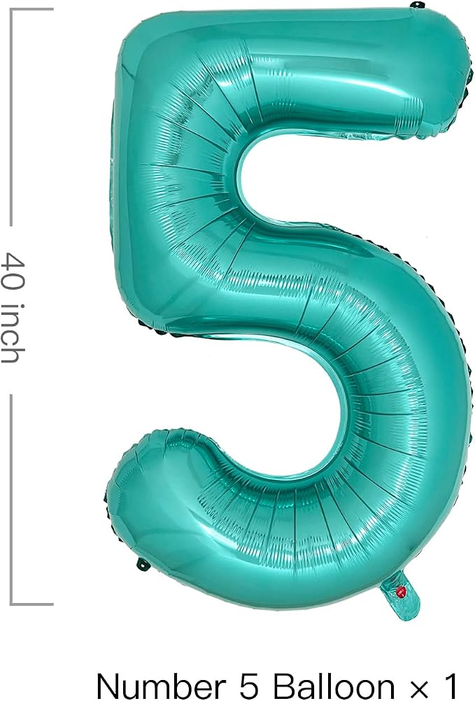 Teal Number 5 Balloons 40 Inch Large Turquoise Blue Foil Balloons - Image 2