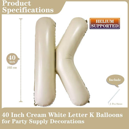 Cream K Balloons, 40 Inch Giant Letter Balloons K Foil Mylar Helium White - Image 2