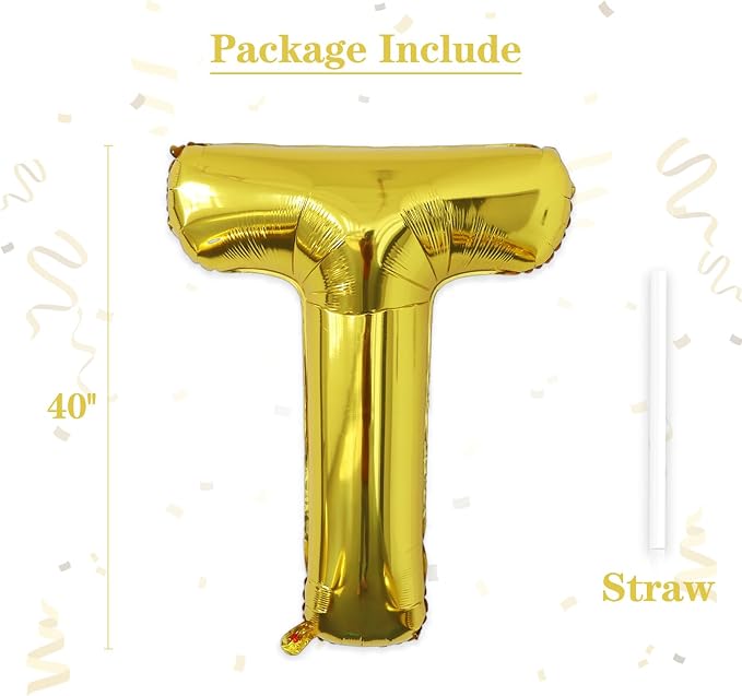 VHUWE 40 inch Gold Letter T Balloon, Big Size Alphabet Foil Mylar Helium - Image 2