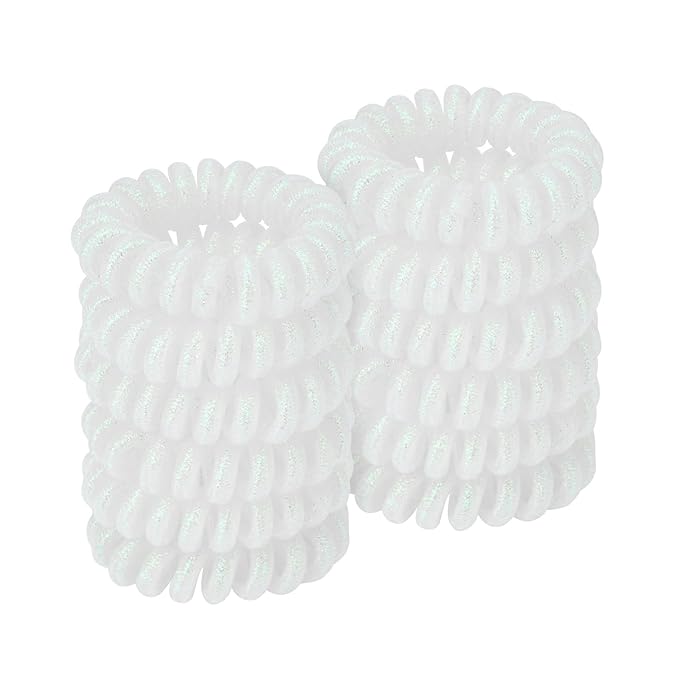 Spiral Hair Ties (Glitter White, 12 Pcs) - Coil Ponytail Holders for Thick Hair, No Crease Phone Cord Hair Ties for All Hair Types with Plastic Spiral for Women