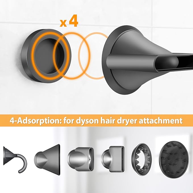 Hair Dryer Holder Wall Mounted with 4-Adsorption, Self Adhesive Blow Dryer Holder for Power Plug, Diffuser and Nozzles Accessories Organizer, Matte Black