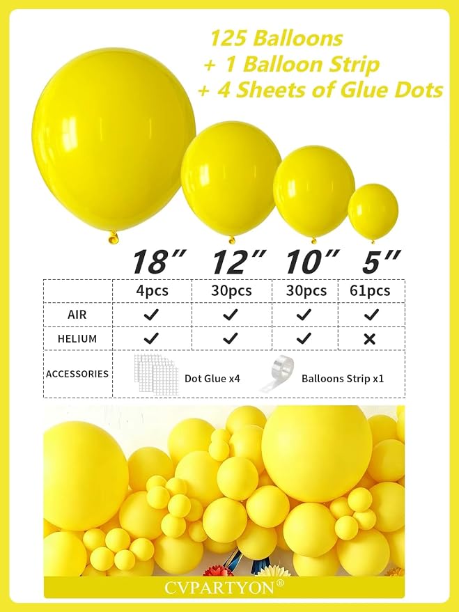 Yellow Balloons 125 Pcs Different Sizes 18 12 10 5 Inch Matte Yellow Latex - Image 3