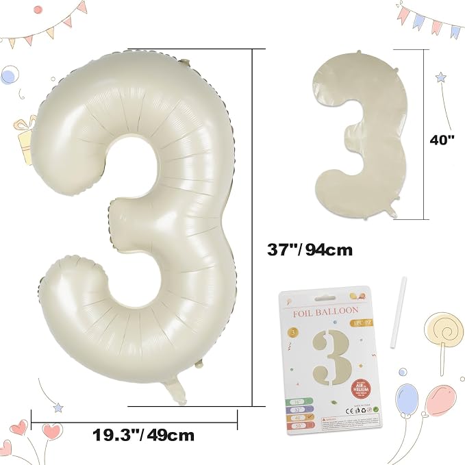 CARGEN 40 Inch Creamy White Number 3 Balloon Boho Neutral Party Decoration | - Image 3