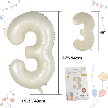 CARGEN 40 Inch Creamy White Number 3 Balloon Boho Neutral Party Decoration | - Image 3