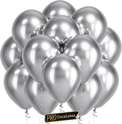 Pro Duralatex Metallic Silver Extra-Thick Balloons 100 Pack 12 inch | Metallic by Bezente