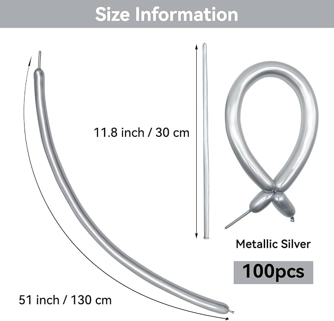 Metallic Silver Long Balloons Premium 260 Twisting Magic Balloons - Image 2