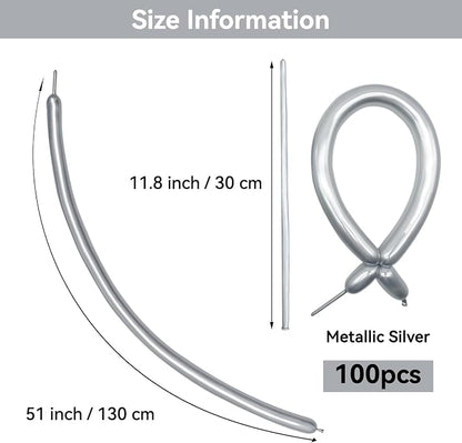 Metallic Silver Long Balloons Premium 260 Twisting Magic Balloons - Image 2