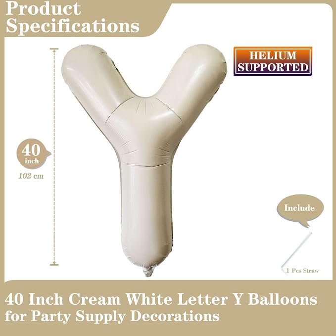 Cream White Letter Y Balloons, 40 Inch Giant Letter Balloons Y Foil Mylar - Image 2