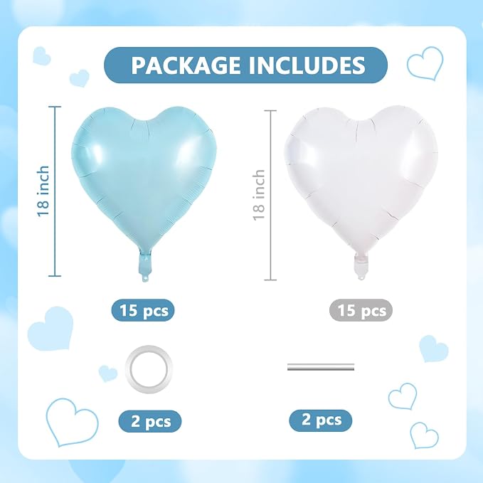 TONIFUL 30 Pcs Blue White Heart Balloons 18 Inch Heart Shape Foil Balloon | - Image 2