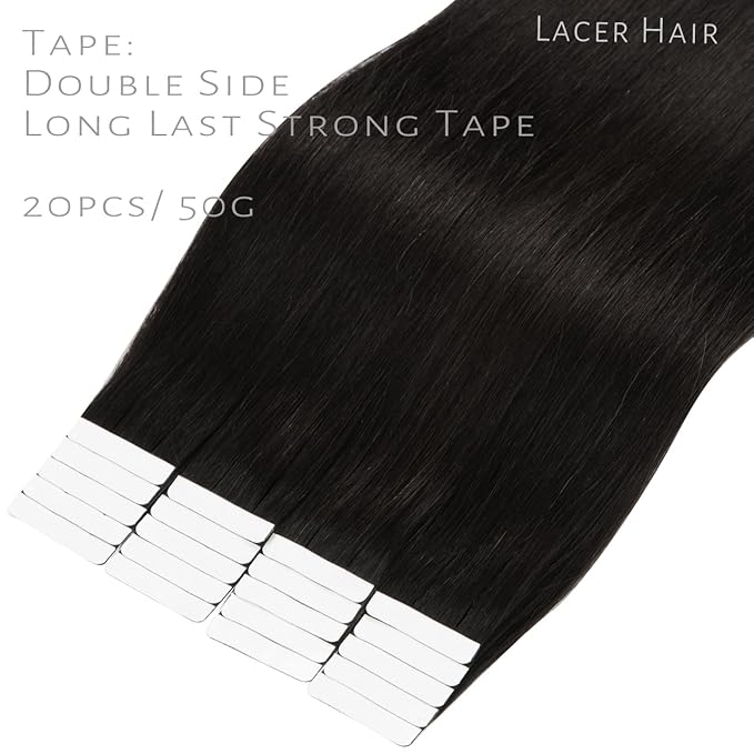 Lacerhair Seamless Remy Tape in Human Hair Extensions - Natural Black PU Skin Weft 100% Human Hair Tape in Extensions, Double Side Weft 16 inch 50g 20pcs/set