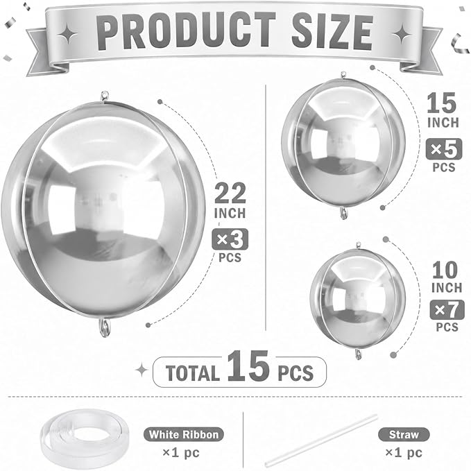 15 Pcs Silver Round Foil Balloons, 22/15/10 Inch 4D Ball Balloons Silver Ball - Image 2