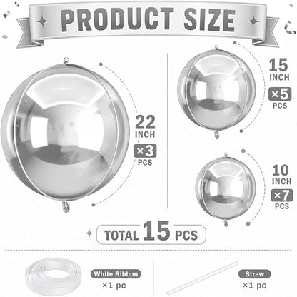 15 Pcs Silver Round Foil Balloons, 22/15/10 Inch 4D Ball Balloons Silver Ball - Image 2