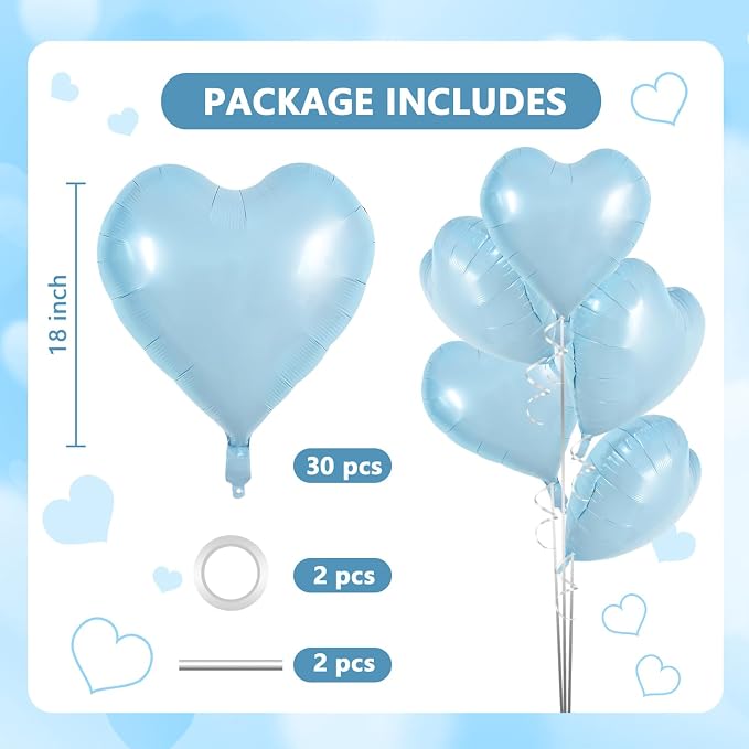 TONIFUL 30 Pcs Baby Blue Heart Balloons 18 Inch Heart Shape Foil Balloon | - Image 2