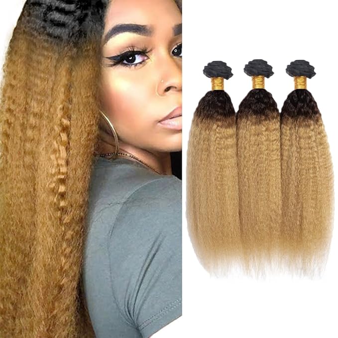 Ombre Human Hair Bundles 1B27 Kinky Straight Bundle Niegmeag Brazilian Virgin Remy Hair 3 Bundles 14 16 18 Inch 2 Tone Black and Honey Blonde Yaki Bundle 150g