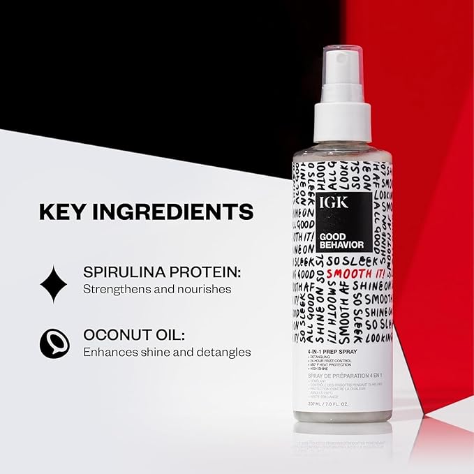 IGK GOOD BEHAVIOR Smoothing Frizz Fighters Set | 4-in-1 Prep Spray + Spirulina Protein Smoothing Spray | Frizz Control + Heat Protectant | Vegan + Cruelty Free
