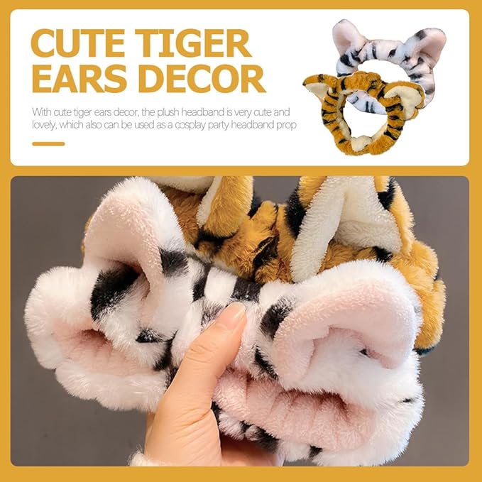 2pcs Tiger Plush Hairbands for Women Wide Elastic Fuzzy Head Wraps with Cute Ears Soft Spa Headbands for Face Washing Makeup Skincare Shower and Mask Application White Yellow
