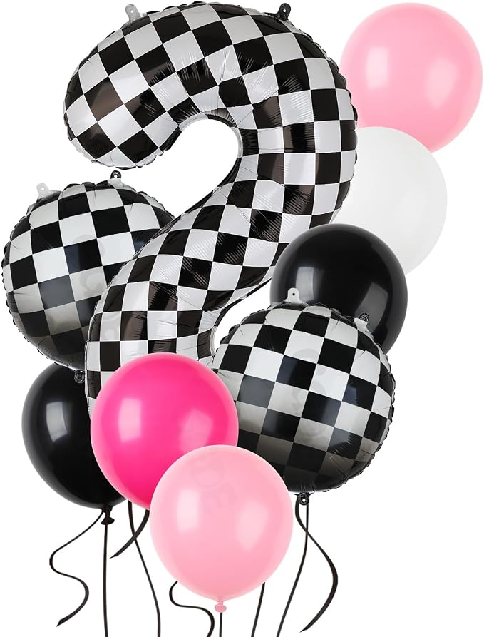 Race Car Balloon Bundle Pink Black 40 Inch Checkered Number Balloon 2 | Black by GGDE