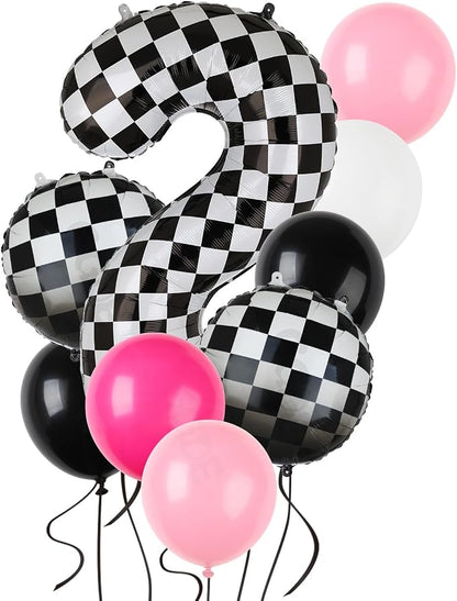 Race Car Balloon Bundle Pink Black 40 Inch Checkered Number Balloon 2 | Black by GGDE