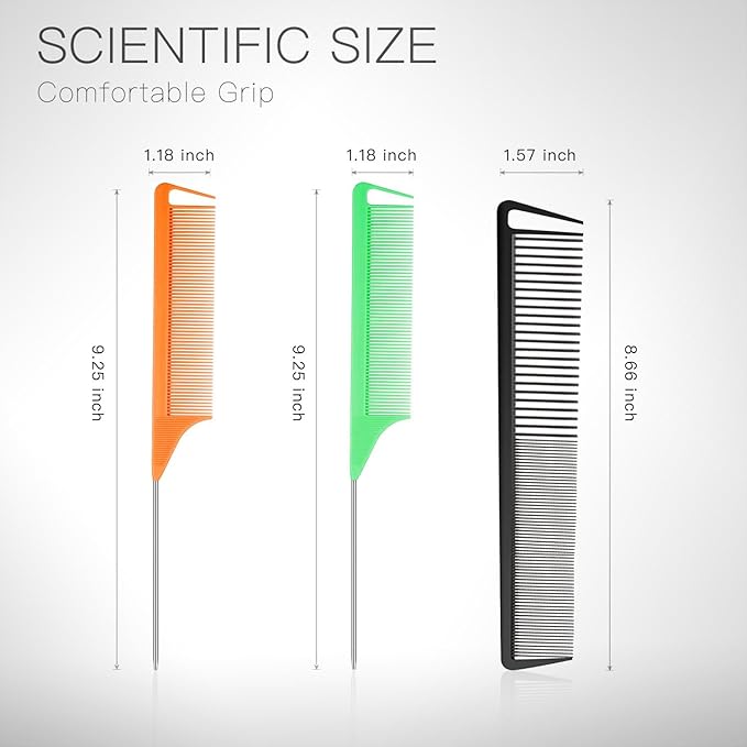 3-in-1 Rat Tail & Pintail Comb Set - Carbon Fiber & Stainless Steel Teeth for Braids, Barber Styling & Salon Use (Orange, Green, Black)