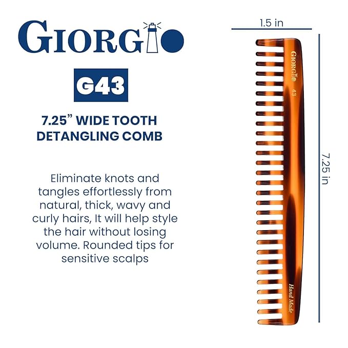 o G43 Large Hair Detangling Comb, Wide Teeth for Thick Curly Wavy Hair. Long Hairs Detangler Comb For Wet and Dry. Handmade large tooth comb, Saw-Cut, Hand Polished, Tortoise Shell (7.25")