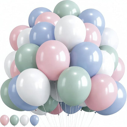 Pastel Blue Green Pink White Balloons, Muted Rainbow Dusty Pink Blue Sage Green by Paeyeq