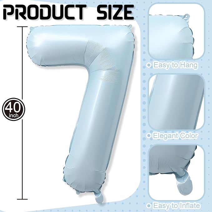 7th Birthday Balloons for Boys, Pastel Dusty Sky Blue Large Helium Mylar 7 - Image 2