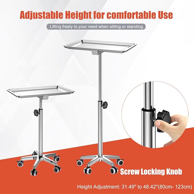 ChoJiah Extra Large Mayo Stand Rolling Salon Tray on Wheels Hairstylist Tray Heavy Duty Tattoo Tray, Ideal Use for for Hair Salon Dental Hairstylist Cart
