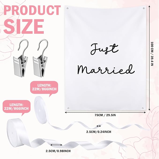 Oudain 29x39 Inch Just Married Burlap Banner, Wedding Fabric Backdrop - Image 3