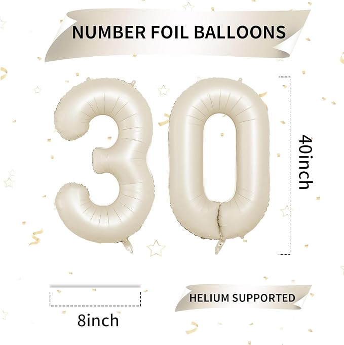 Biapian 40 Inch Cream Number 30 Balloon, 30th Birthday Balloons, Big Digital 30 - Image 2
