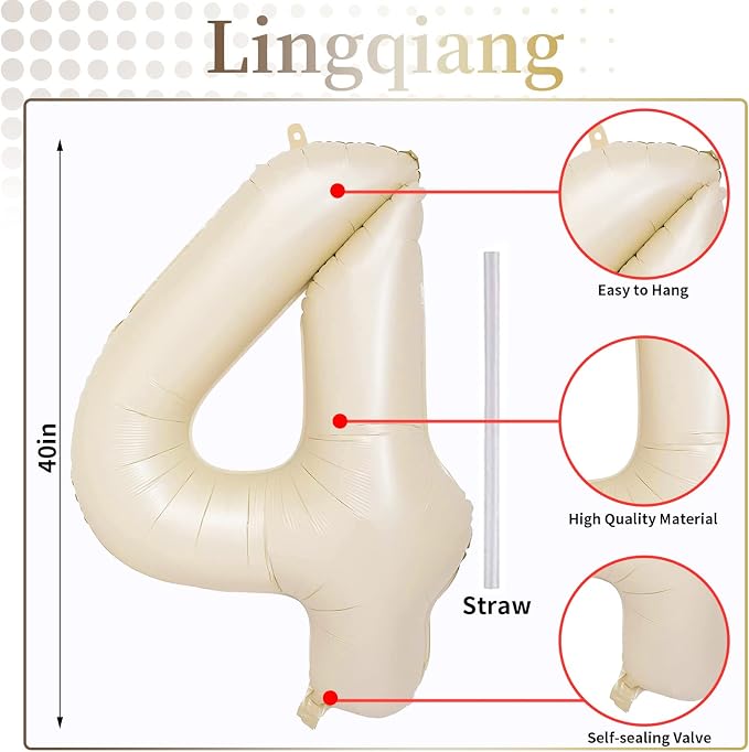 Cream 4 Balloons, 40 Inch Large Beige Foil Number Balloons Set 0-9, Self - Image 2