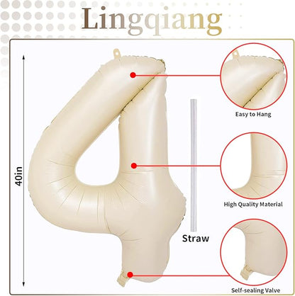 Cream 4 Balloons, 40 Inch Large Beige Foil Number Balloons Set 0-9, Self - Image 2