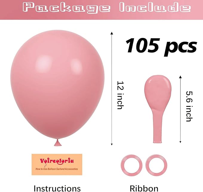 Voircoloria 105pcs Retro Pink Party Latex Balloons, 12inch | - Image 2