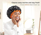 mikimini Small Black Shower Caps Pack of 2 for Kid, Double Layers Waterproof Bathing Hair Cap with Reusable Soft Comfortable PEVA Lining, Cute, Non-fading & Stretchy Shower Hat Small Pack of 2, Black + Orange