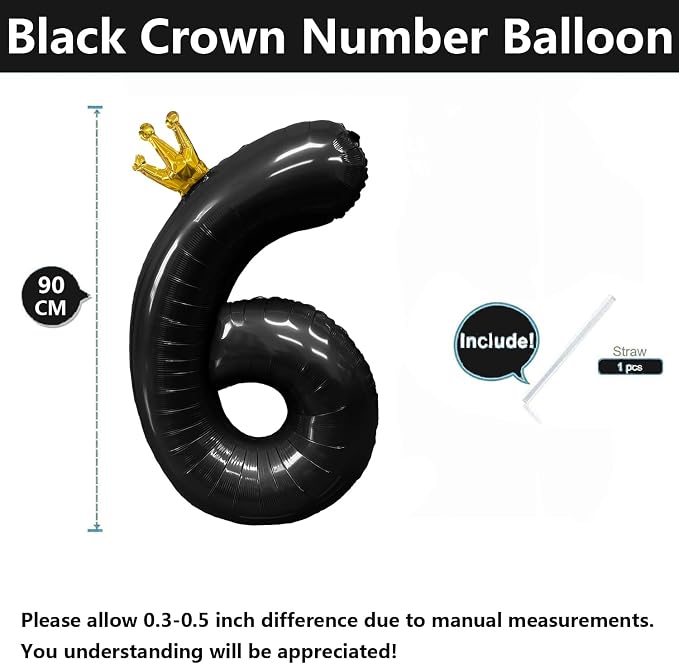 Black Number 6 Balloon with Crown, 40 inch Black Number Balloon 6th Birthday - Image 2