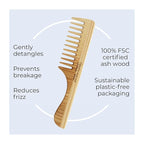 TEK – Allure Award-Winning Wide Tooth Wooden Comb with Natural Ash Wood Handle, Handmade in Italy – Ideal for Gently Detangling Normal, Curly, or Wavy Hair Without Breakage – 20 x 4.5 cm