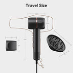 Ionic Hair Dryer Fast Drying, 160000 RPM High-Speed Brushless Motor, Thermo-Control Professional Blow Dryer, Low Noise, Lightweight, Magnetic Concentrator and Diffuser for Curly & Straight Hair, Gray