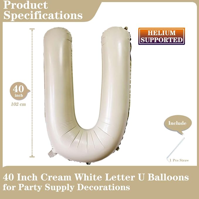 Cream White Letter U Balloons, 40 Inch Giant Letter Balloons U Foil Mylar - Image 2