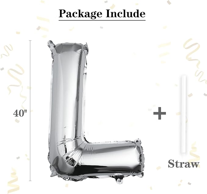40 inch Silver Letter L Balloon, Big Size Alphabet Foil Mylar Helium Balloons - Image 2