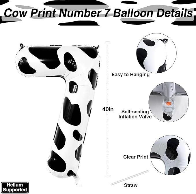 Large Cow Print Number 7 Balloon 40 Inch, Farm Themes Foil Mylar Party Supplies - Image 3
