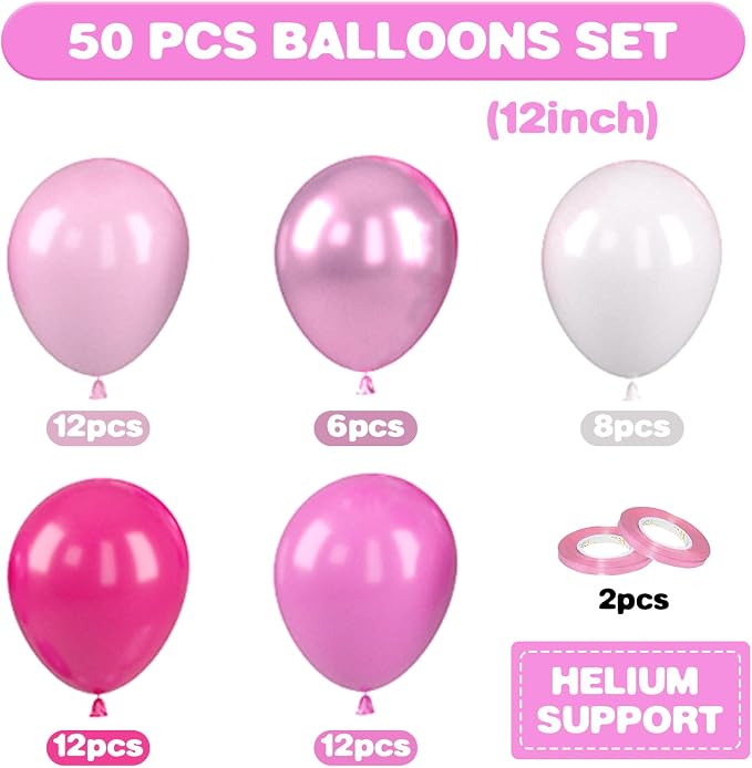 Pink Balloons, 12 Inch Hot Pink Balloons, Pastel Metallic Pink White Latex - Image 2