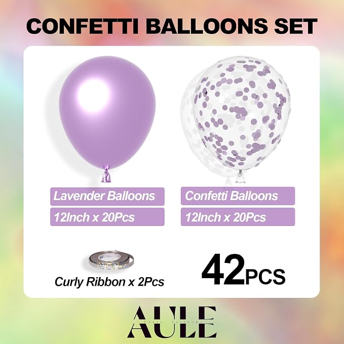 AULE 42Pcs Metallic 12 Inch Lavender Confetti Balloons Set | Light Purple Party - Image 3