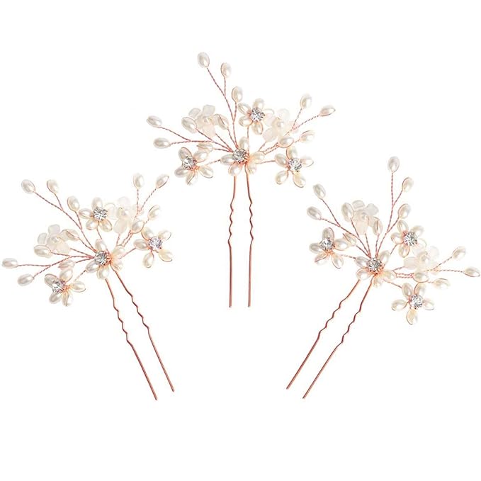 Elegant Pearl Wedding Hair Pins, Bendable Floral Crystal Hair Accessories for Bridal Women, Pack of 3 (Rose Gold)