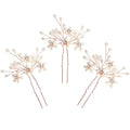 Elegant Pearl Wedding Hair Pins, Bendable Floral Crystal Hair Accessories for Bridal Women, Pack of 3 (Rose Gold)