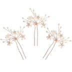 Elegant Pearl Wedding Hair Pins, Bendable Floral Crystal Hair Accessories for Bridal Women, Pack of 3 (Rose Gold)