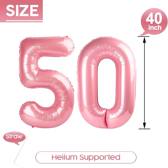 50 Balloon - Pastel Pink Birthday Number Balloons, 40 Inch Decorations | Pastel - Image 5