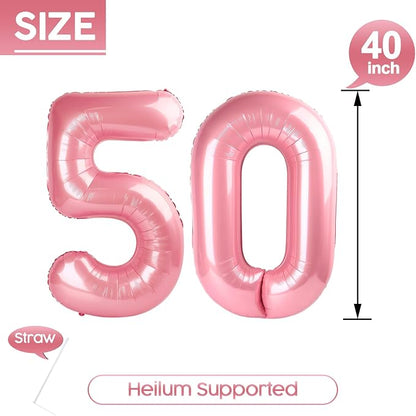 50 Balloon - Pastel Pink Birthday Number Balloons, 40 Inch Decorations | Pastel - Image 5